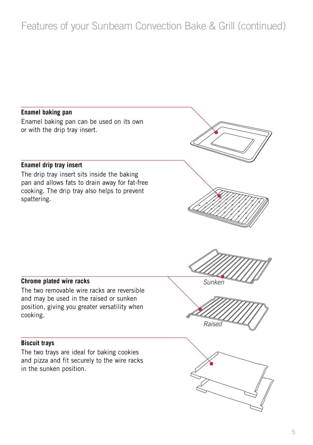 Sunbeam BT6700 manual Enamel baking pan, Enamel drip tray insert, Chrome plated wire racks, Biscuit trays 