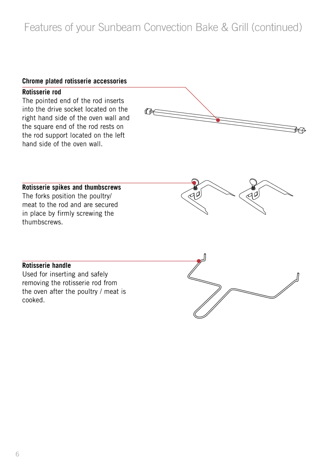 Sunbeam BT6700 manual Chrome plated rotisserie accessories Rotisserie rod, Rotisserie handle 