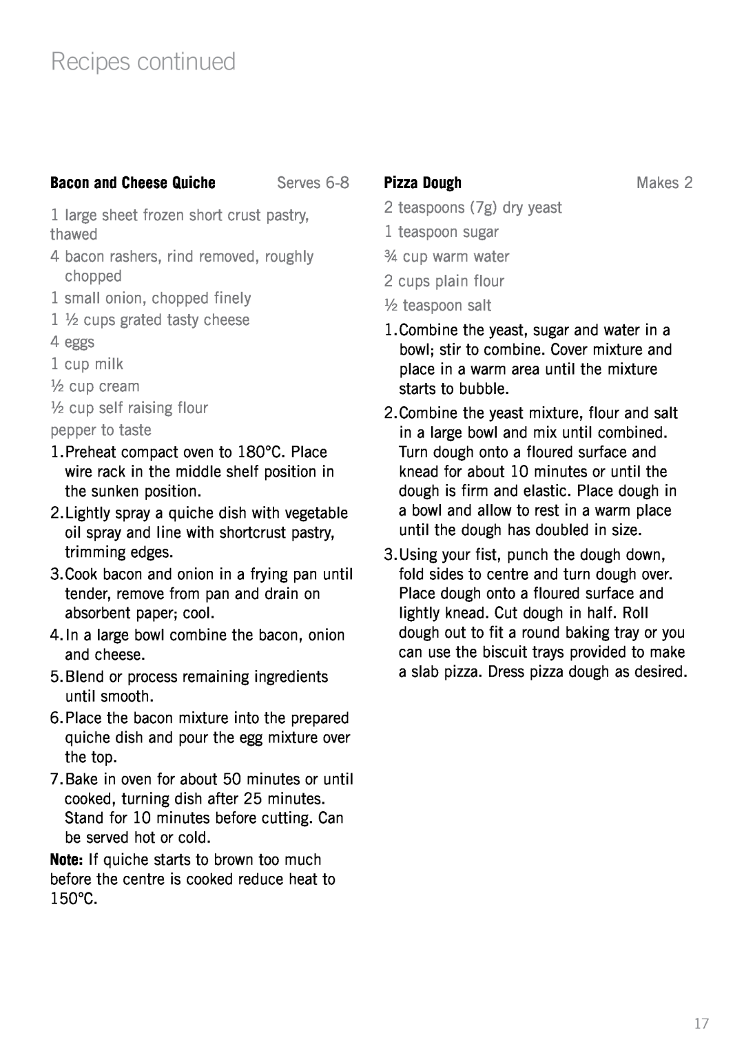Sunbeam BT6700 manual Recipes continued, Bacon and Cheese Quiche, Pizza Dough 