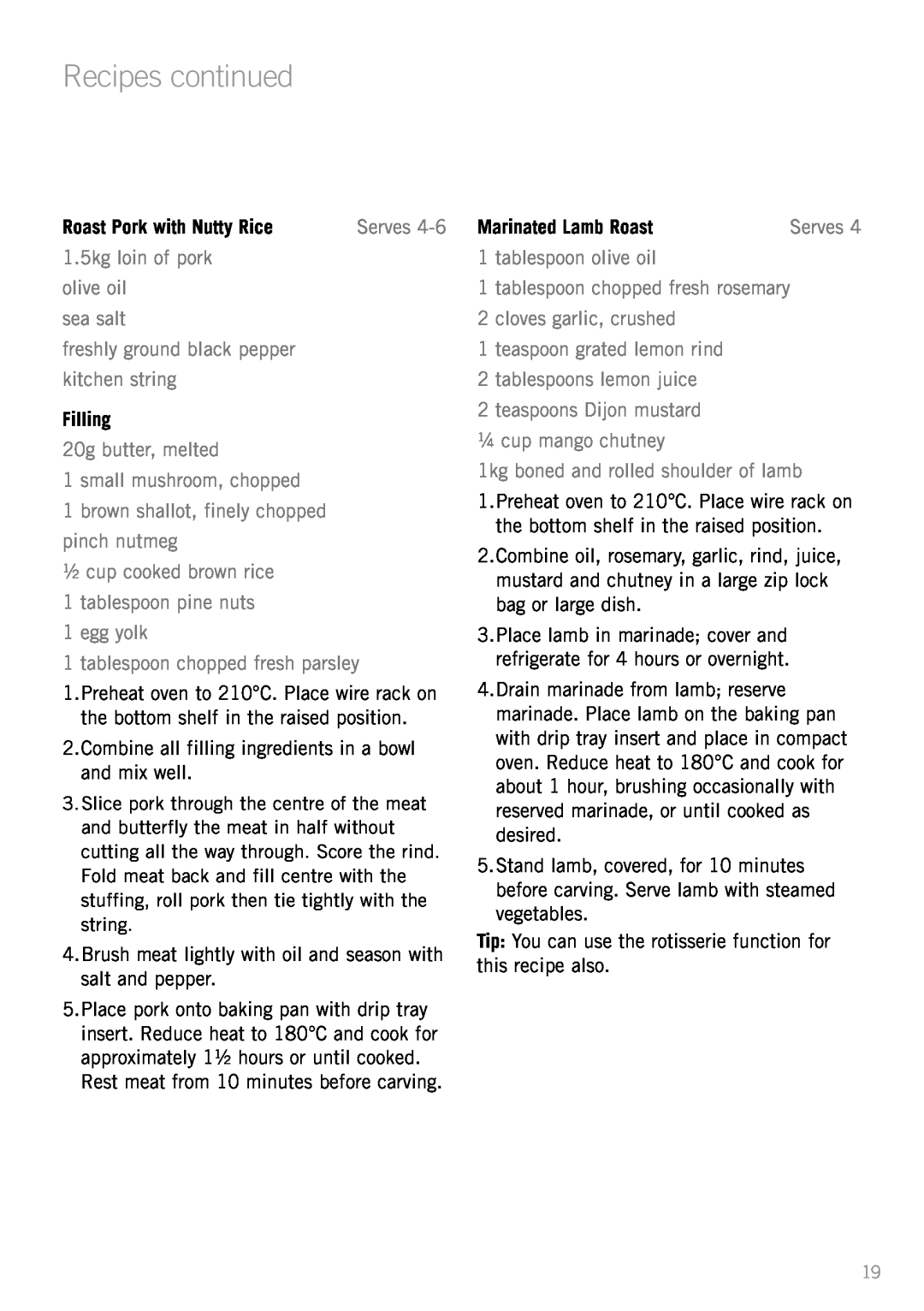 Sunbeam BT6700 manual Roast Pork with Nutty Rice, Filling, Marinated Lamb Roast, Recipes continued 