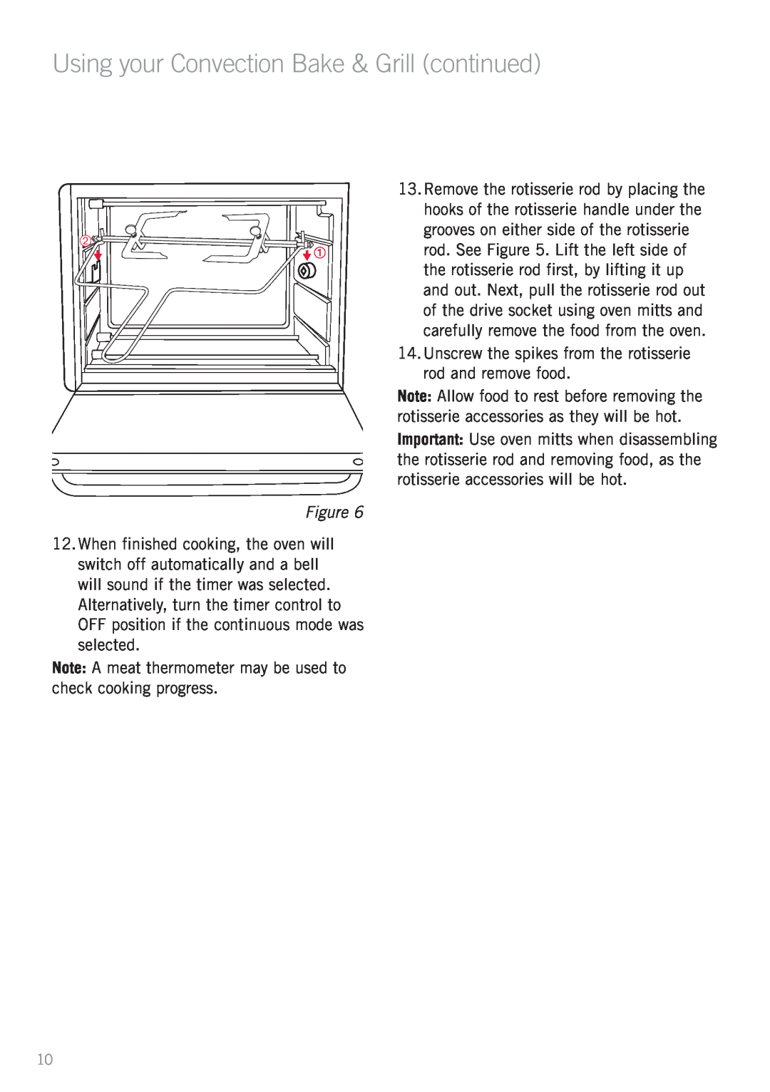 Sunbeam BT7000 Using your Convection Bake & Grill continued, Note A meat thermometer may be used to check cooking progress 