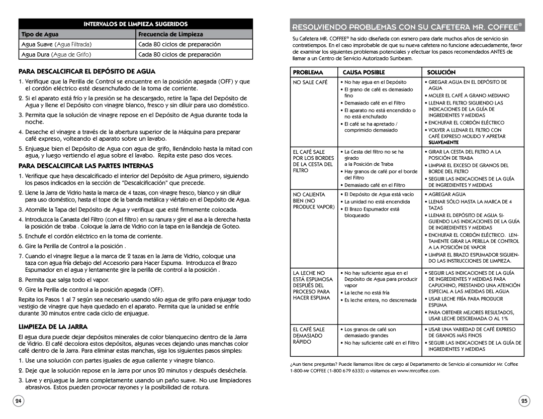 Sunbeam BVMC-ECM260 Para descalcificar el depósito de agua, Para descalcificar las partes internas, Limpieza de la jarra 