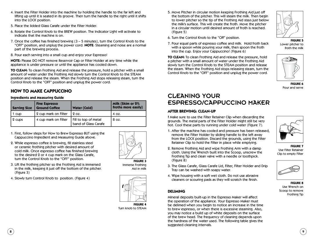 Sunbeam BVMC-ECM260 Cleaning your espresso/cappuccino maker, How to make cappuccino, After brewing clean-up, Deliming 