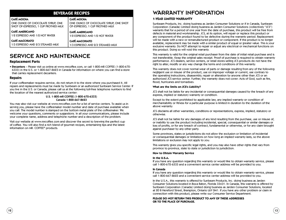 Sunbeam BVMC-ECM260 Service and Maintenance, Warranty Information, Replacement Parts Repairs, Year Limited Warranty 