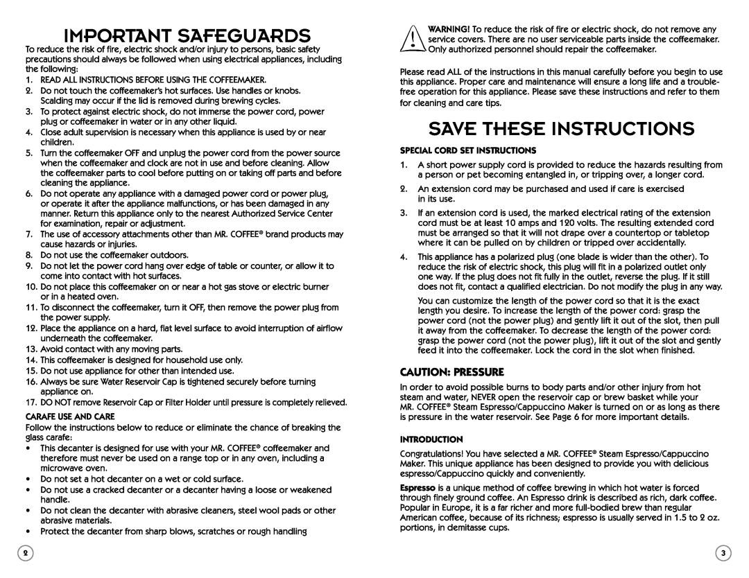 Sunbeam BVMC-ECM260 Important Safeguards, Save These Instructions, caution pressure, Special Cord Set Instructions 