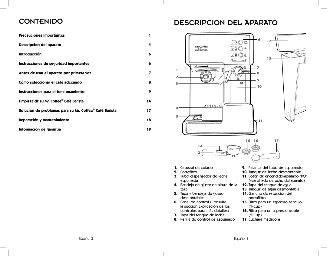 Sunbeam BVMC-ECMP1001W, BVMC-ECMP1000, BVMC-ECMP1001R, BVMC-ECMP1001C user manual Contenido Descripcion DEL Aparato 