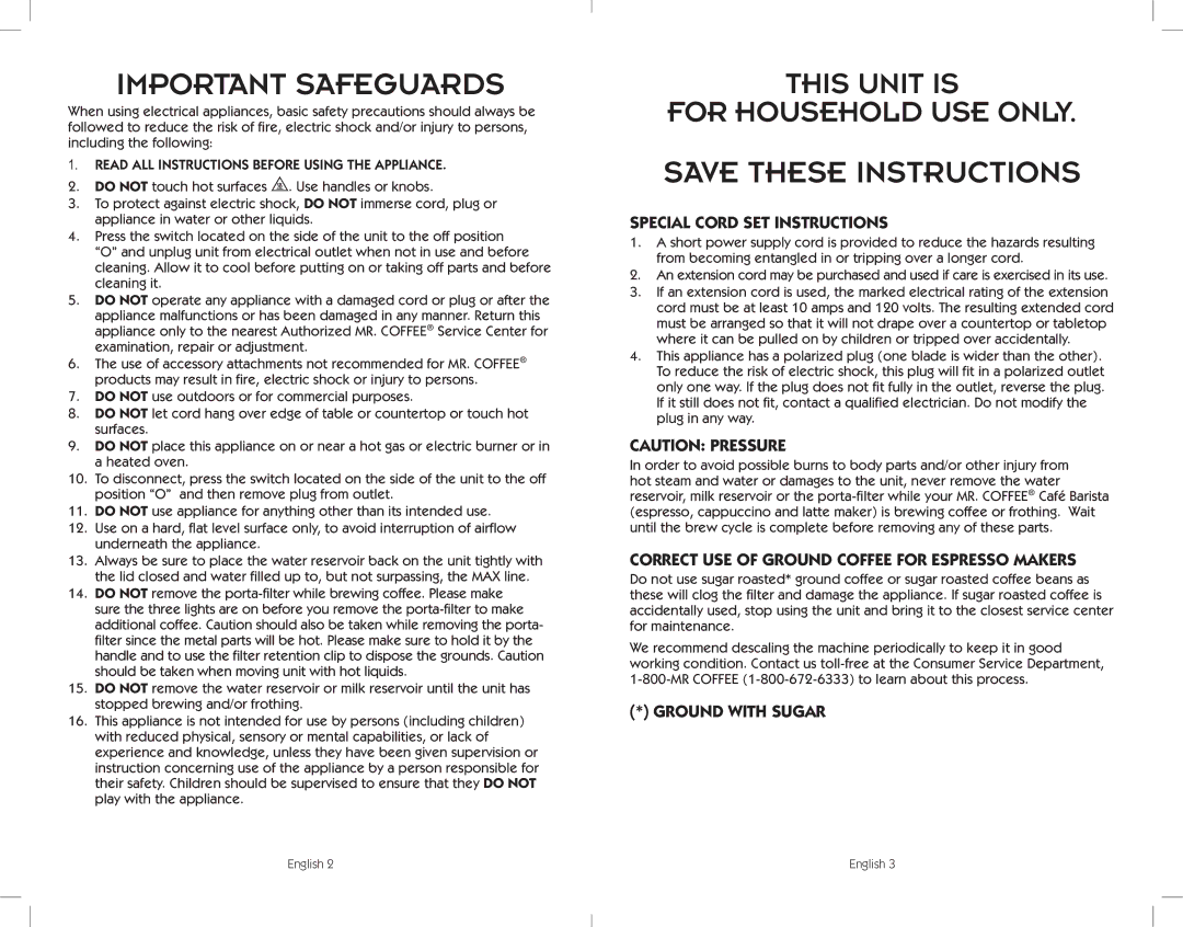 Sunbeam BVMC-ECMP1001R Special Cord SET Instructions, Correct USE of Ground Coffee for Espresso Makers, Ground with Sugar 