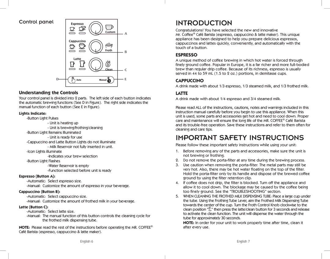 Sunbeam BVMC-ECMP1001W, BVMC-ECMP1000 user manual Introduction, Important Safety Instructions, Espresso, Cappuccino, Latte 