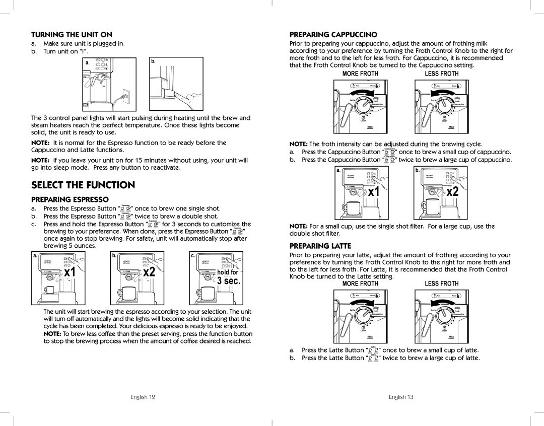 Sunbeam BVMC-ECMP1001C, BVMC-ECMP1001W Turning the Unit on, Preparing Cappuccino, Preparing Espresso, Preparing Latte 