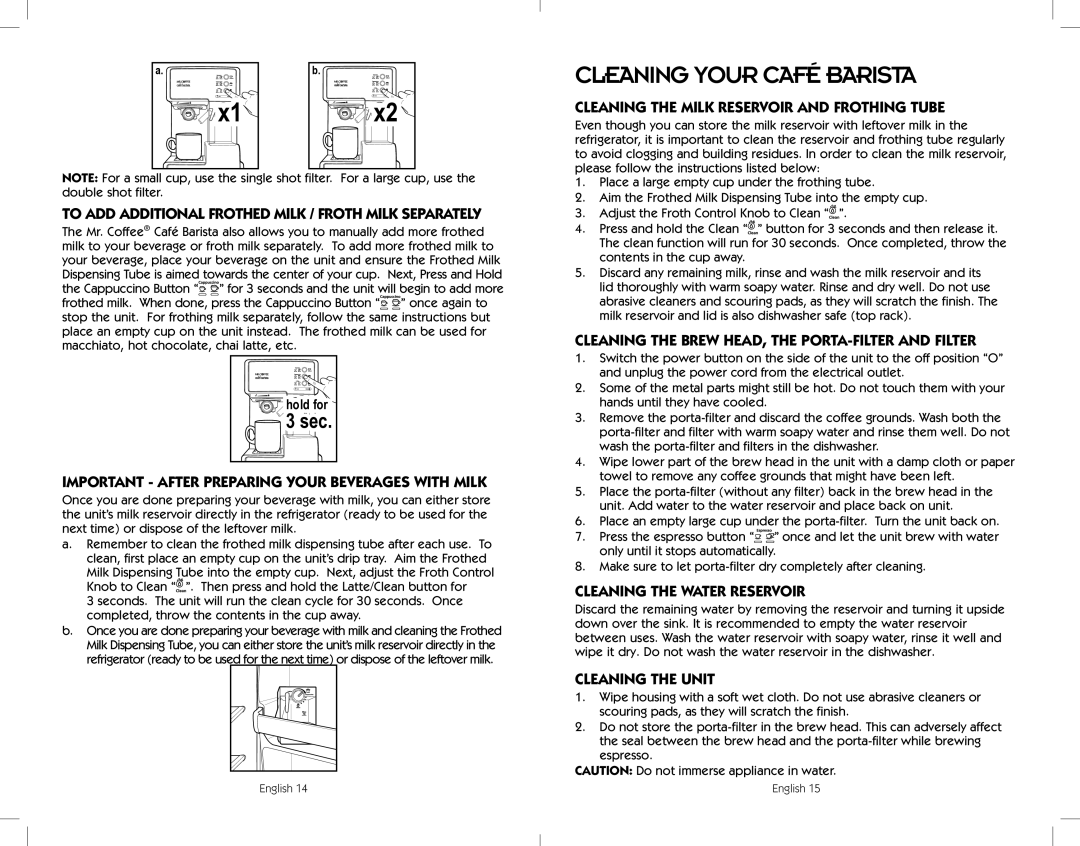 Sunbeam BVMC-ECMP1001W, BVMC-ECMP1000, BVMC-ECMP1001R, BVMC-ECMP1001C user manual Cleaning Your Café Barista 