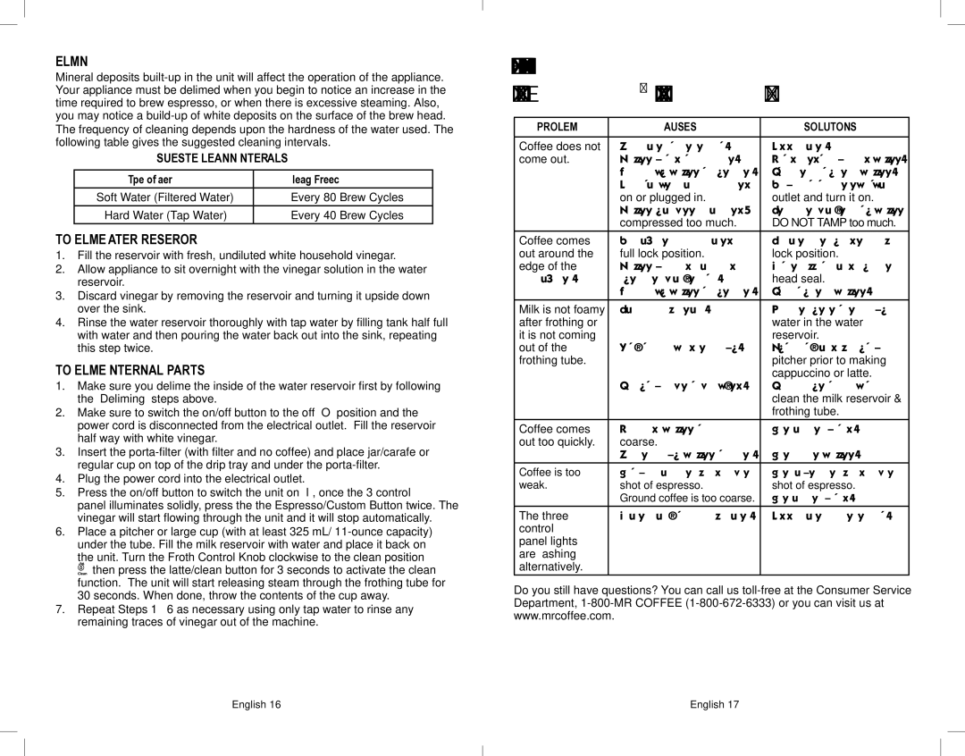 Sunbeam BVMC-ECMP1000, BVMC-ECMP1001W Troubleshooting Your MR. Coffee Café Barista, Deliming, To Delime Water Reservoir 