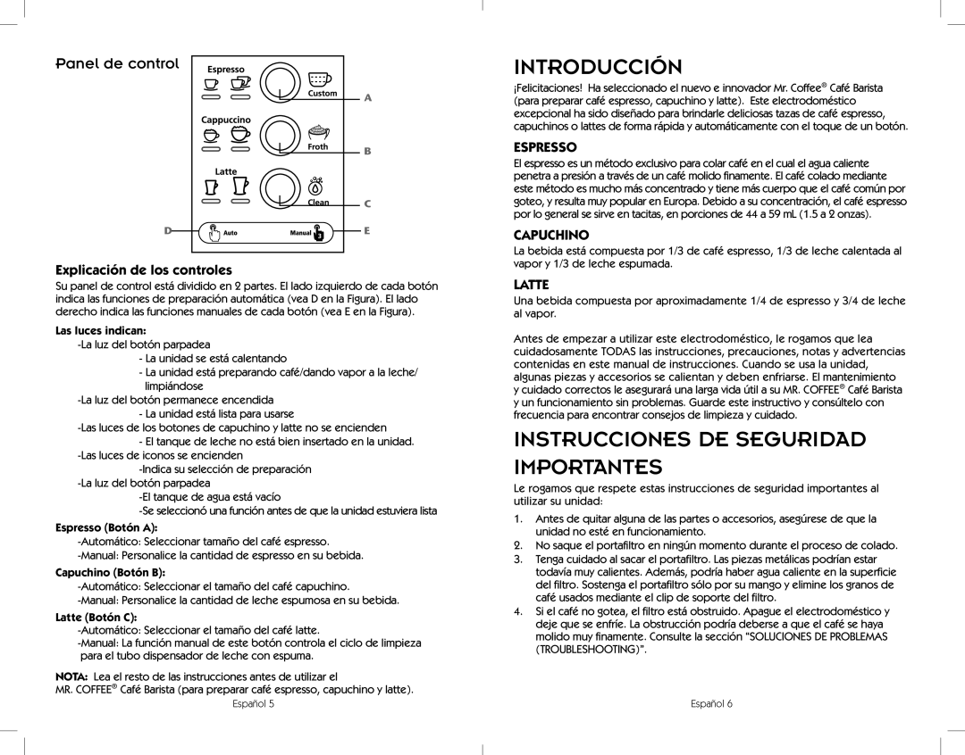 Sunbeam BVMC-ECMP1000 Introducción, Instrucciones De Seguridad Importantes, Panel de control, Capuchino, Espresso, Latte 