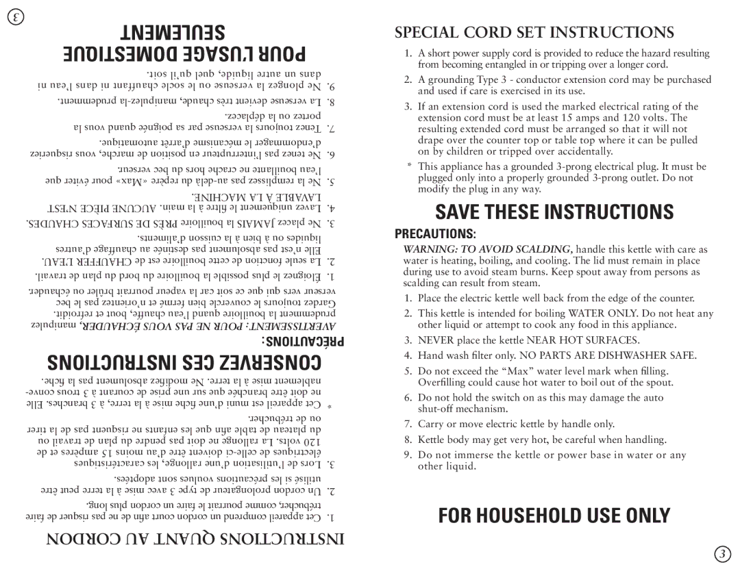 Sunbeam BVSBKTVT01-033 user manual Cordon AU Quant Instructions, Special Cord SET Instructions 