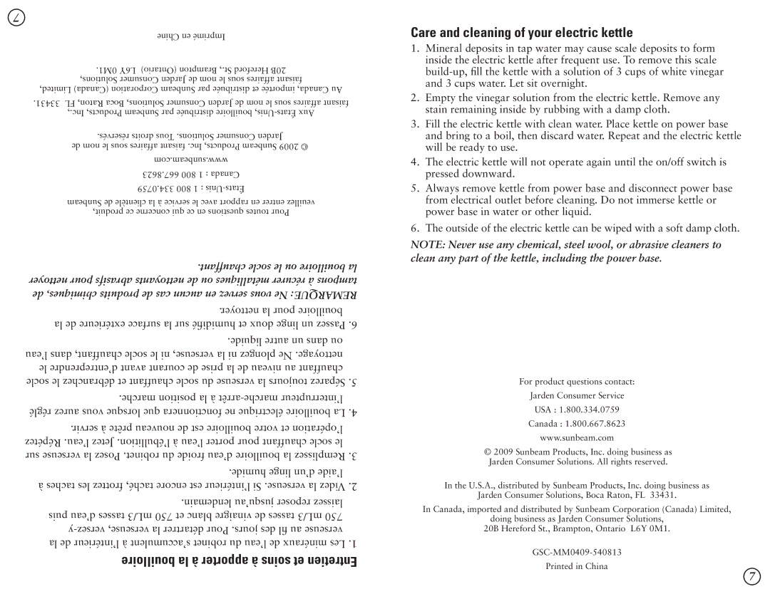 Sunbeam BVSBKTVT01-033 user manual 