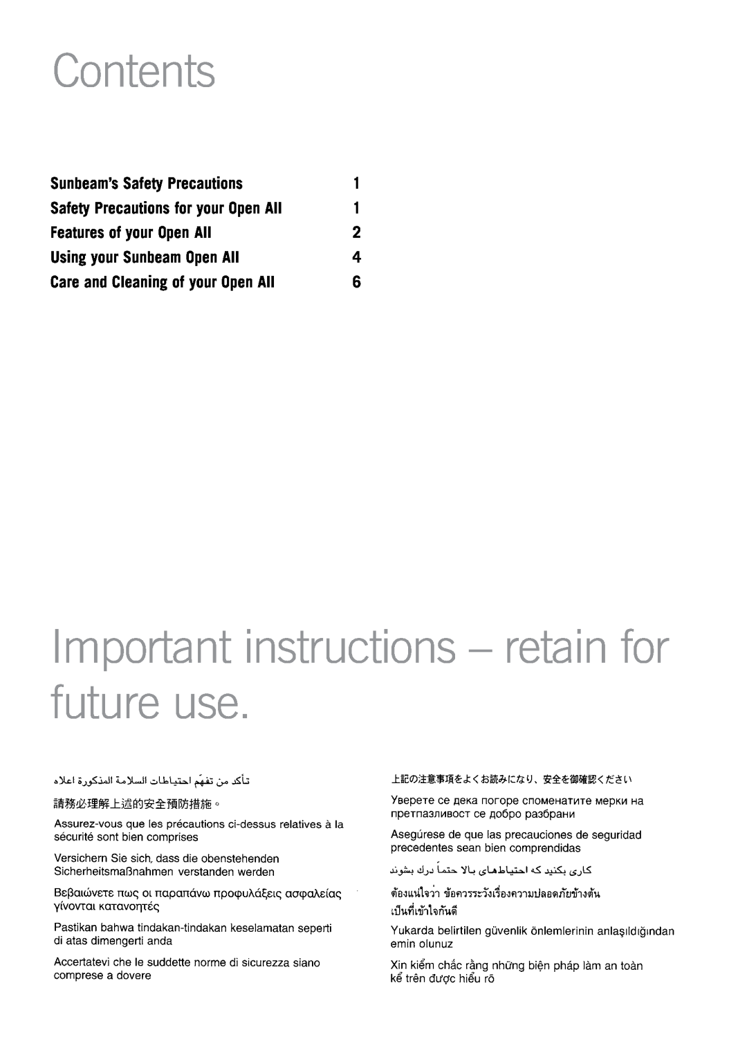 Sunbeam CA2800 manual Contents, Important instructions - retain for future use, Sunbeam’s Safety Precautions 