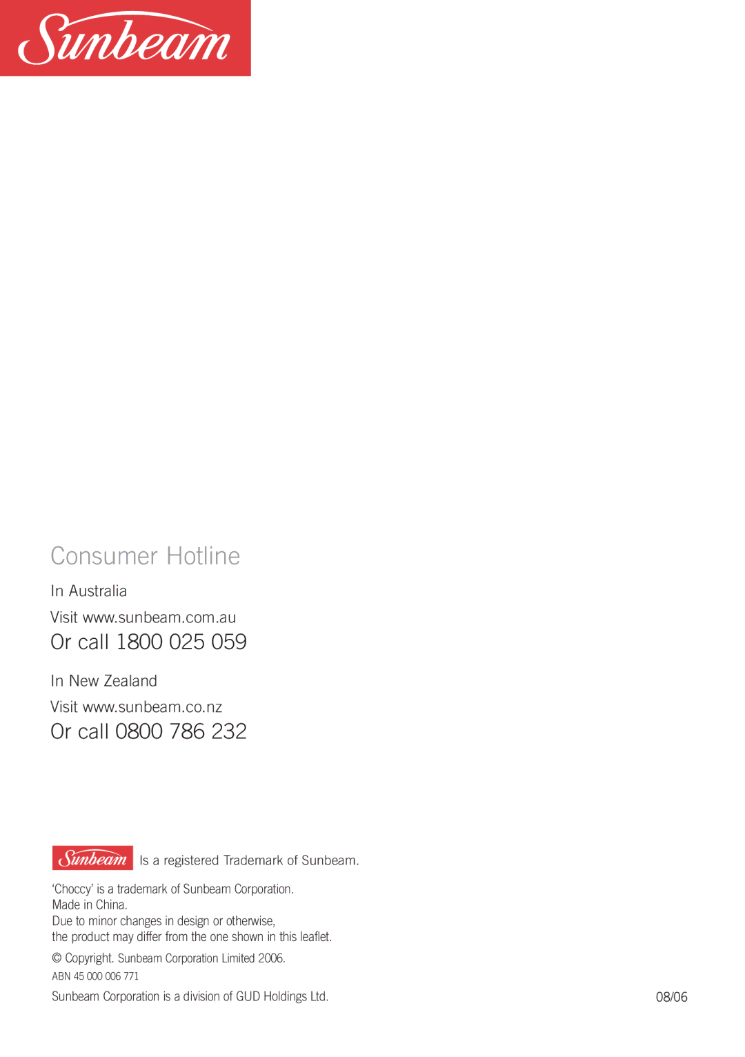 Sunbeam CF4100 manual Consumer Hotline 