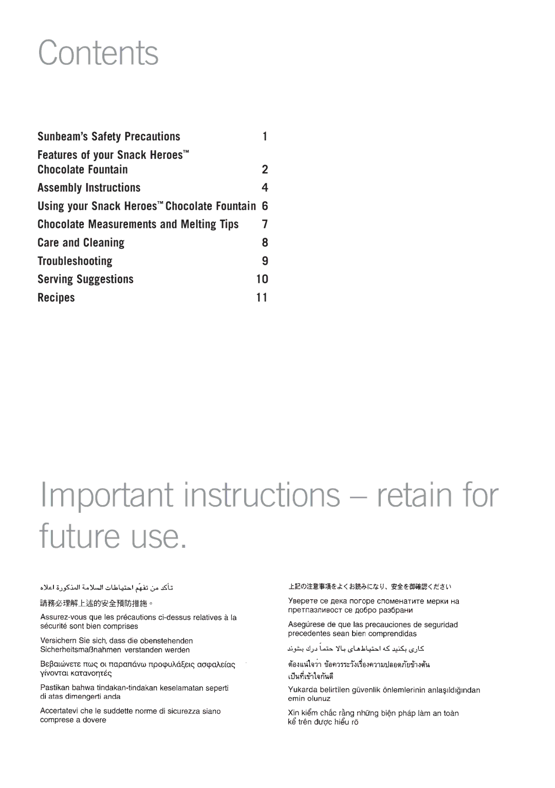 Sunbeam CF4200 manual Contents, Important instructions retain for future use 