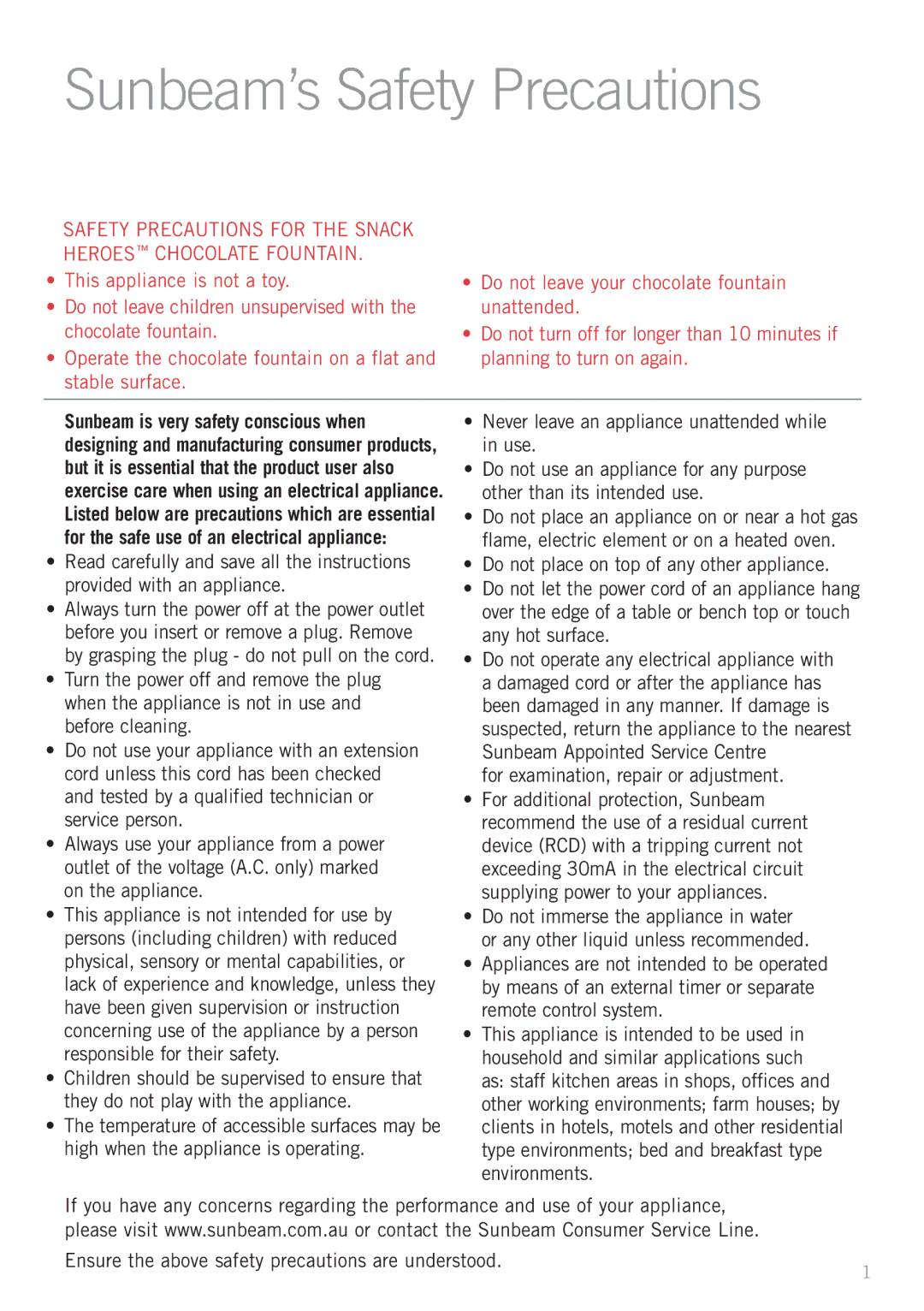 Sunbeam CF4200 manual Sunbeam’s Safety Precautions 