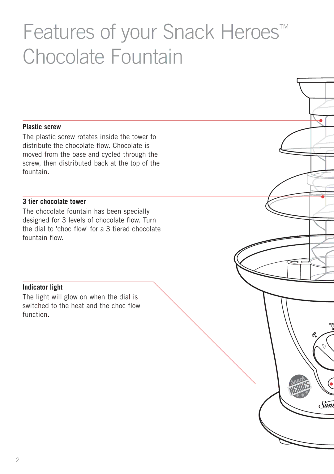 Sunbeam CF4200 Features of your Snack Heroes Chocolate Fountain, Plastic screw, Tier chocolate tower, Indicator light 