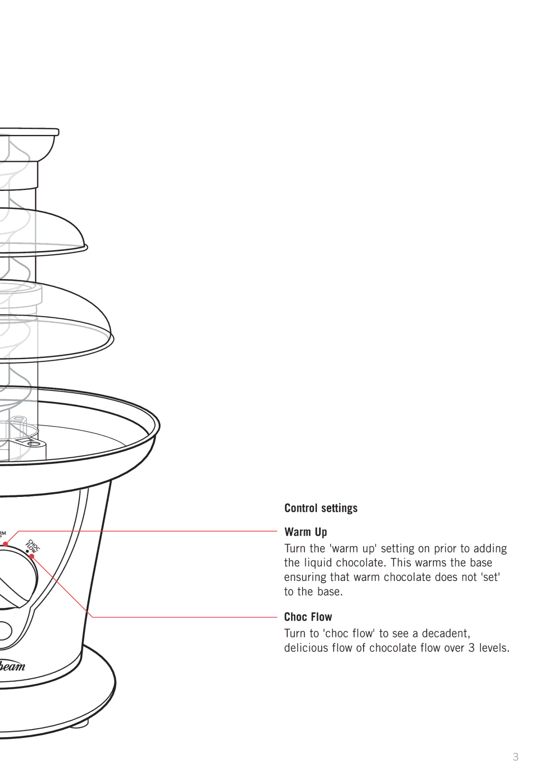 Sunbeam CF4200 manual Control settings Warm Up, Choc Flow 