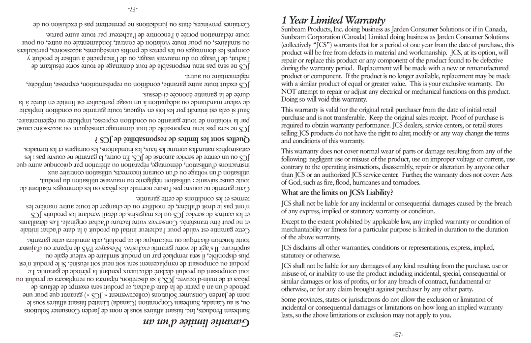 Sunbeam CKSBGRFM10-033 manual ? JCS de responsabilité de limites les sont Quelles, What are the limits on JCS’s Liability? 