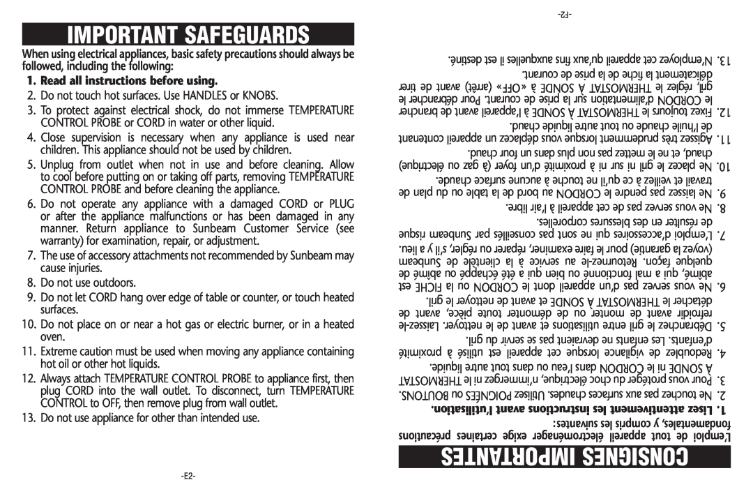 Sunbeam CKSBGRFM10-033 manual Read all instructions before using, Important Safeguards, Importantes Consignes 