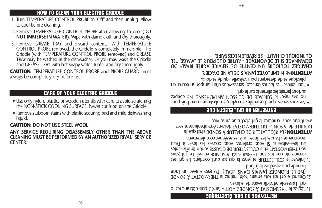 Sunbeam CKSBGRFM10-033 How To Clean Your Electric Griddle, Care Of Your Electric Griddle, Caution Do Not Use Steel Wool 