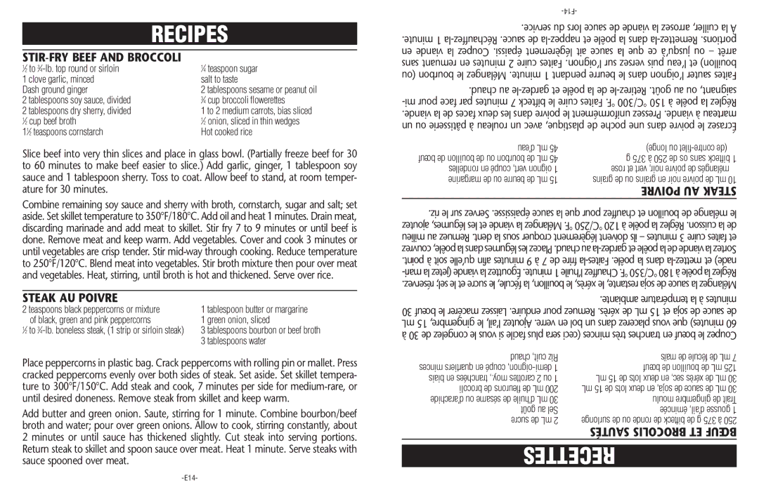 Sunbeam CKSBSK160-033 manual STIR-FRY Beef and Broccoli, Steak AU Poivre, ⁄2 cup beef broth, Sautés Brocolis ET Bœuf 