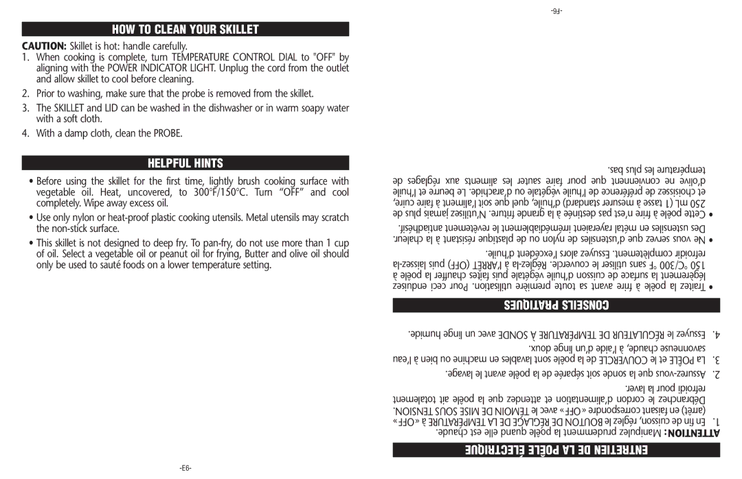 Sunbeam CKSBSK160-033 manual HOW to Clean Your Skillet, Helpful Hints, Pratiques Conseils, Électrique Poêle LA DE Entretien 