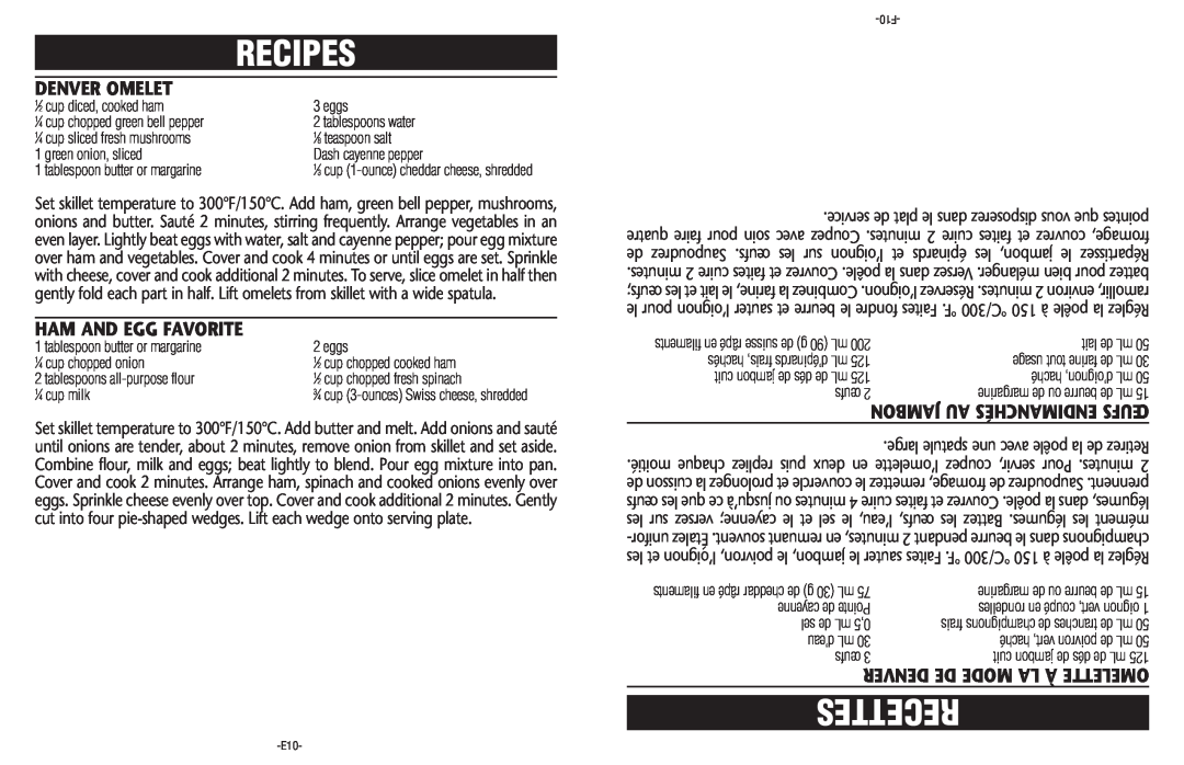 Sunbeam CKSBSK160-033 manual Recettes, Denver Omelet, Ham And Egg Favorite, Denver De Mode La À Omelette, Recipes 