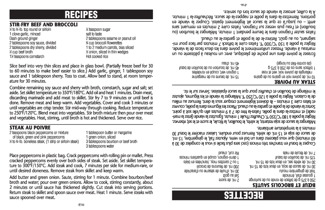 Sunbeam CKSBSK160-033 manual Stir-Frybeef And Broccoli, Steak Au Poivre, Poivre Au Steak, Recipes, Recettes 