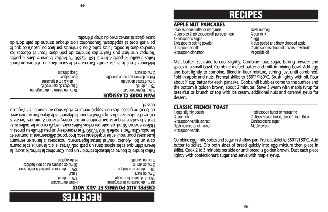 Sunbeam CKSBSK160-033 manual Recipes, Apple Nut Pancakes, Classic French Toast, Noix Aux Et Pommes Aux Crêpes, Recettes 