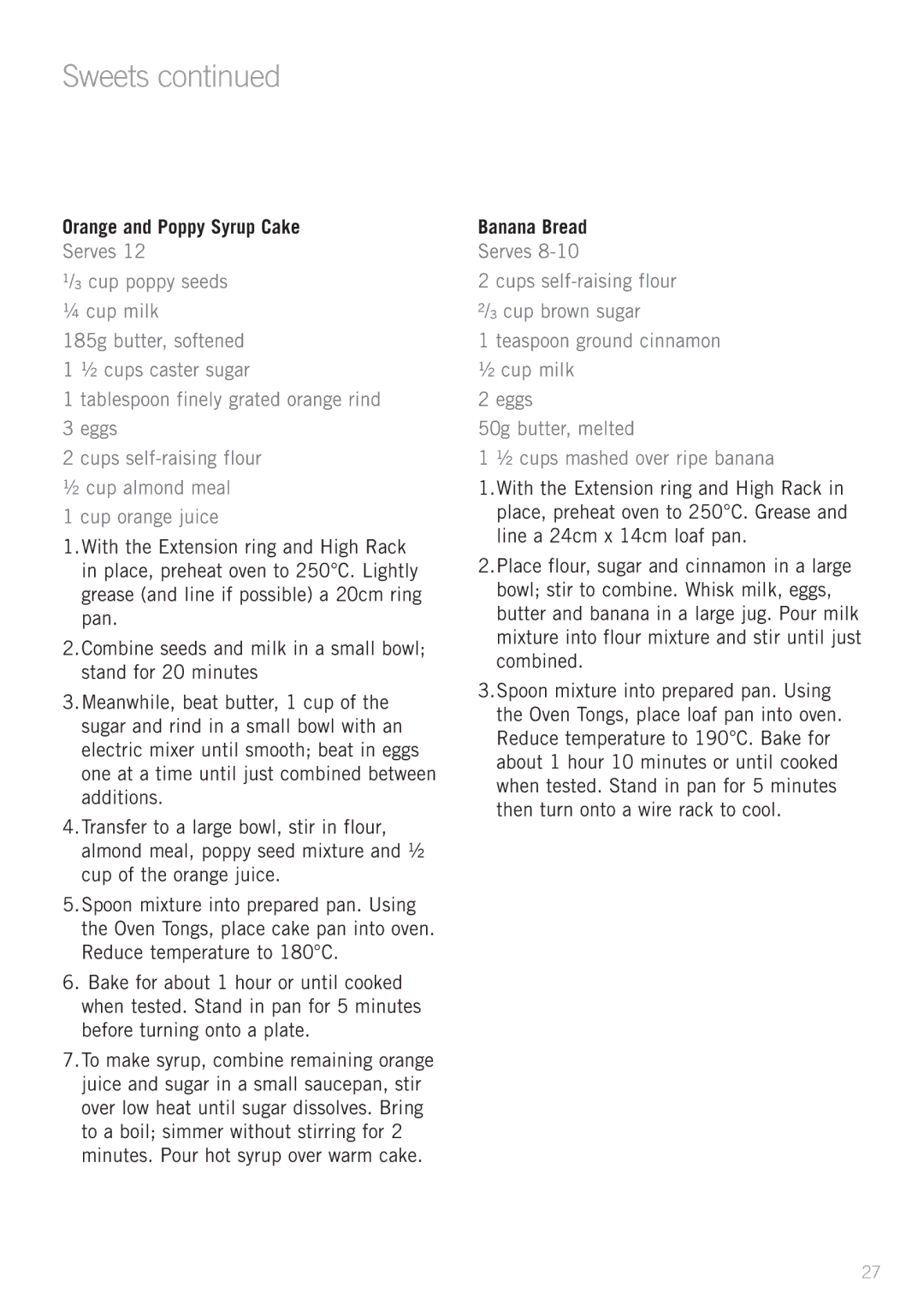 Sunbeam CO3000 manual Orange and Poppy Syrup Cake, Cup orange juice, Banana Bread 