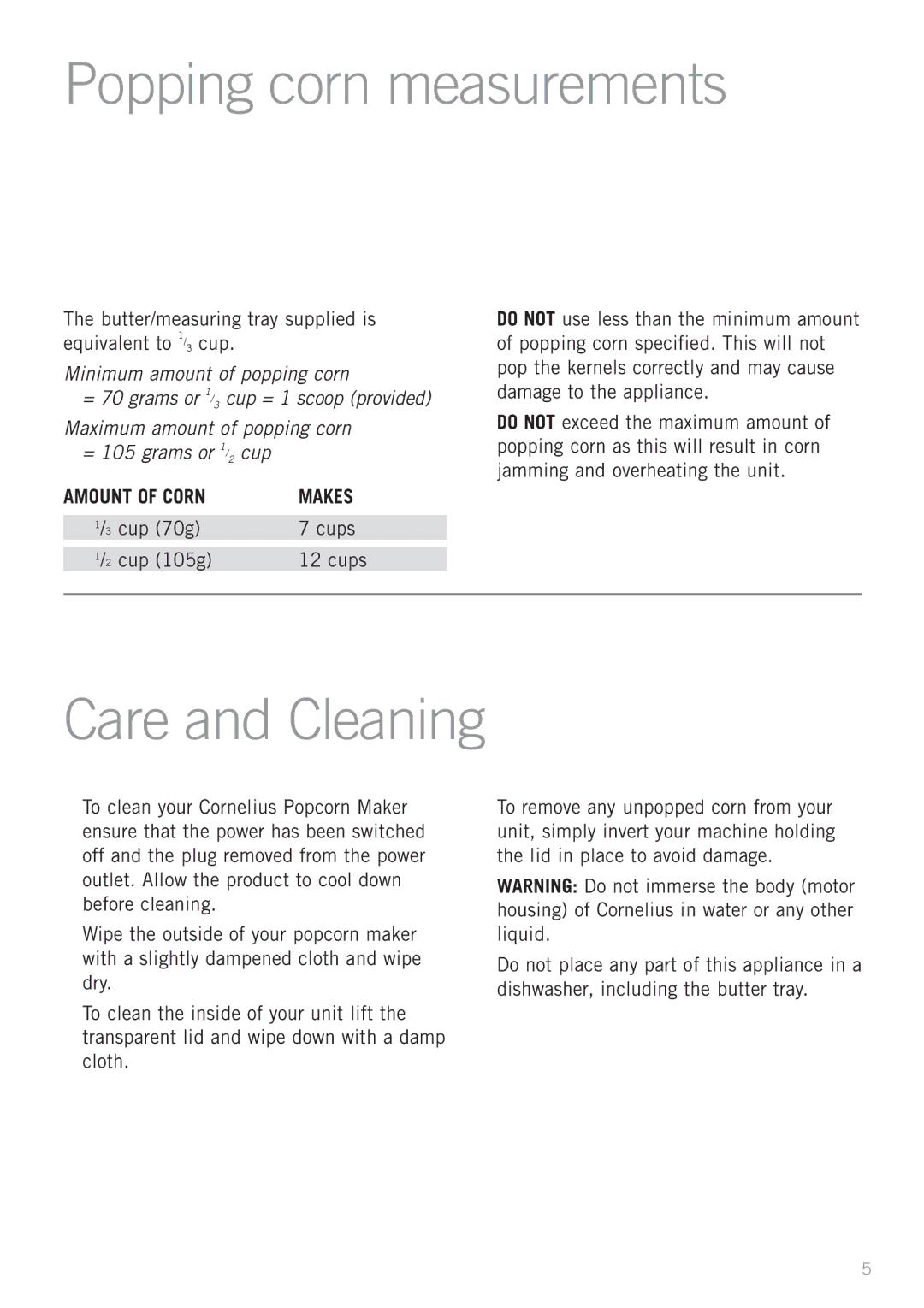 Sunbeam CP4500 manual Popping corn measurements, Care and Cleaning 