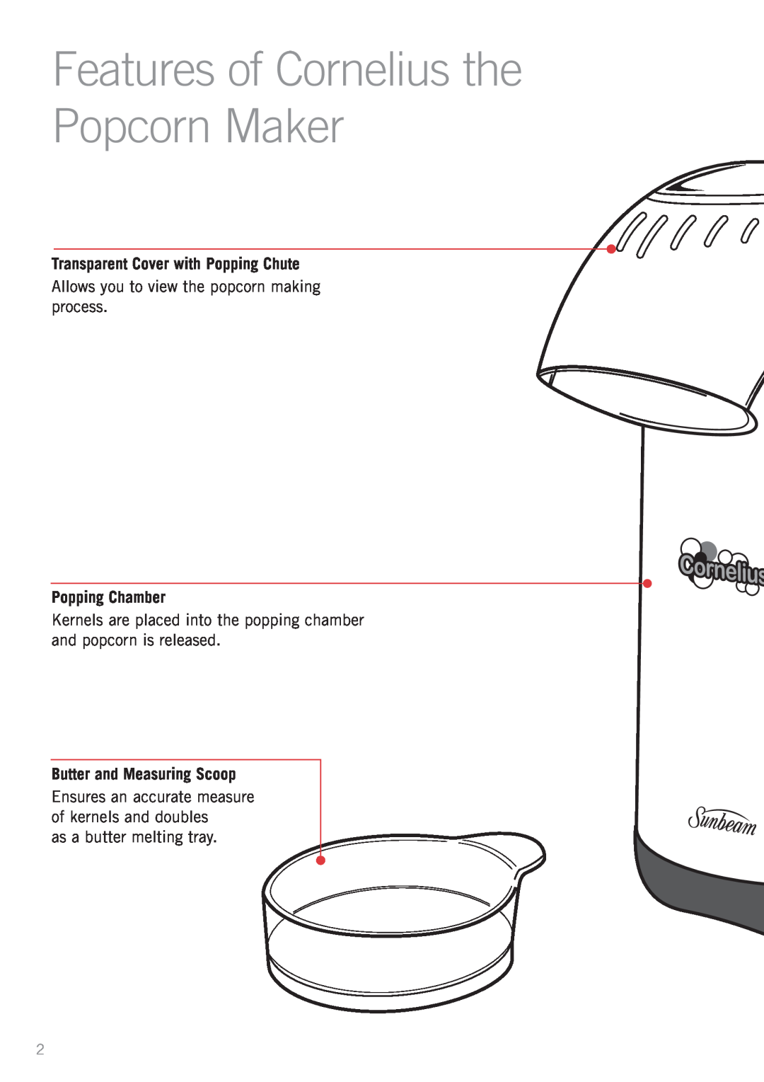 Sunbeam CP4500 manual Features of Cornelius the Popcorn Maker, Transparent Cover with Popping Chute, Popping Chamber 