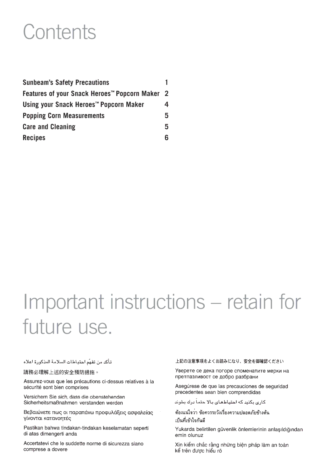 Sunbeam CP4500A manual Contents, Important instructions retain for future use 