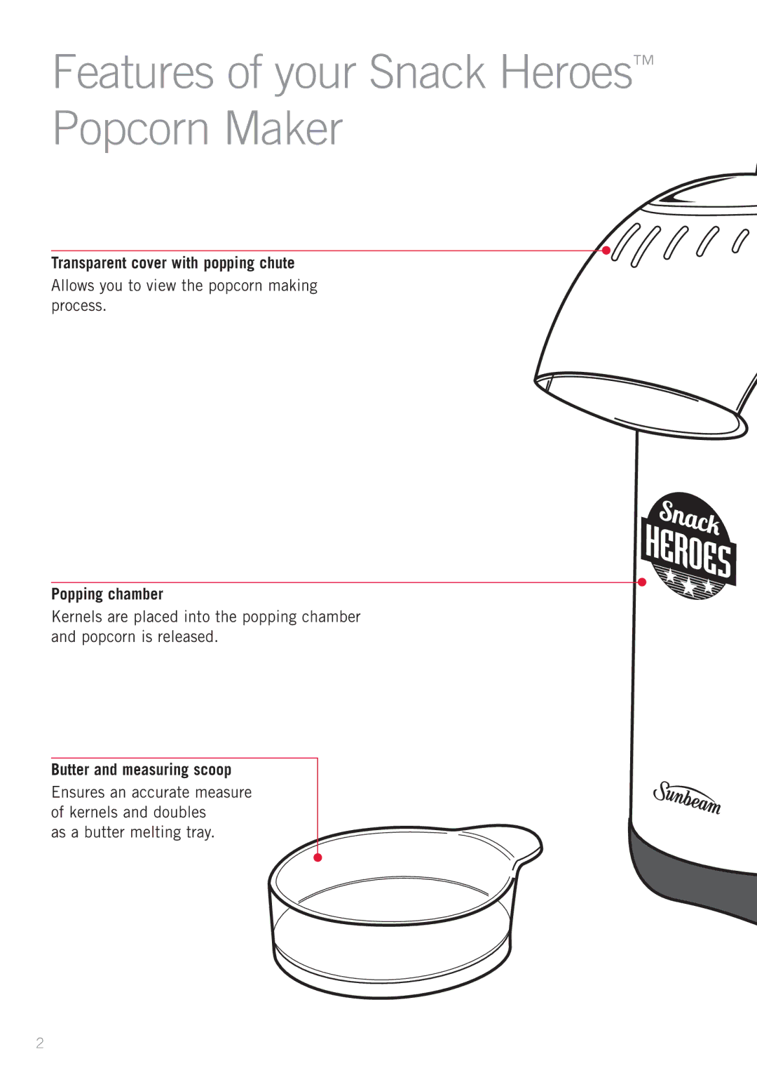 Sunbeam CP4500A manual Features of your Snack Heroes Popcorn Maker, Transparent cover with popping chute, Popping chamber 