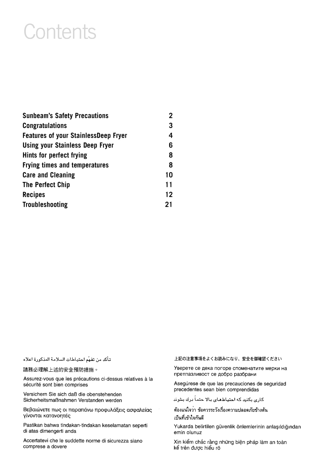 Sunbeam Deep Fryer manual Contents 