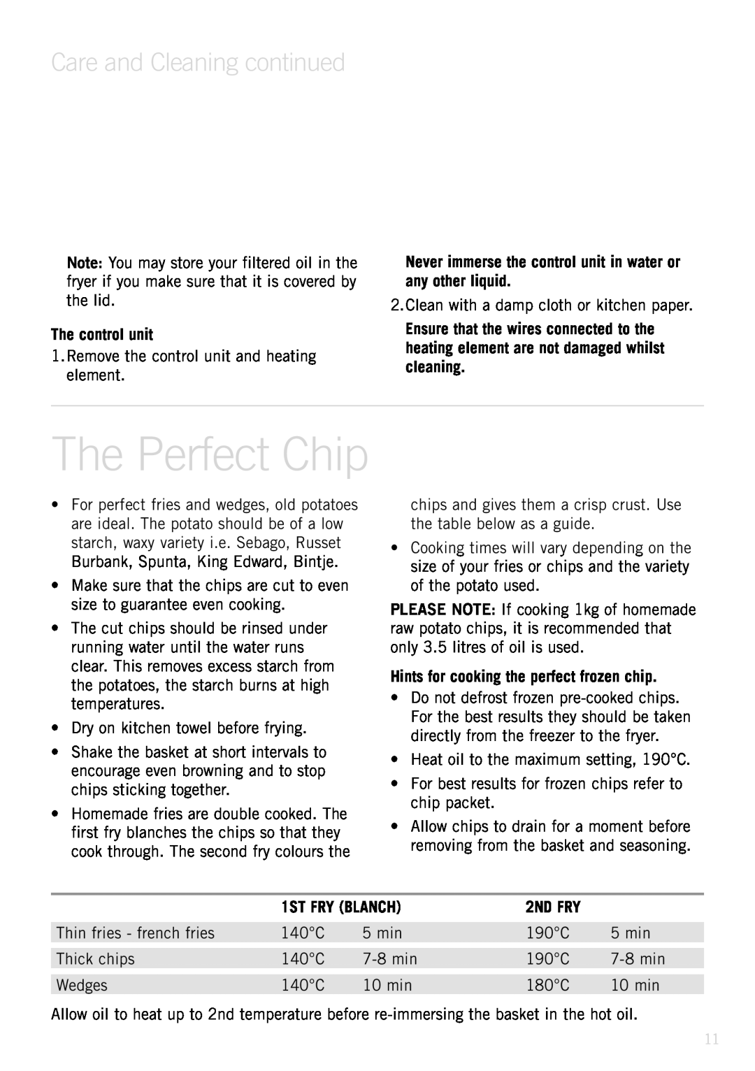 Sunbeam Deep Fryer manual Care and Cleaning continued, The control unit, Hints for cooking the perfect frozen chip, 2ND FRY 