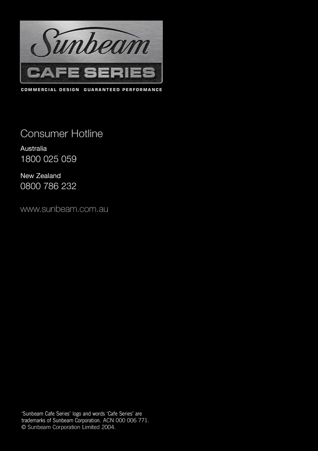 Sunbeam Deep Fryer manual Consumer Hotline, 1800, 0800, Australia, New Zealand 