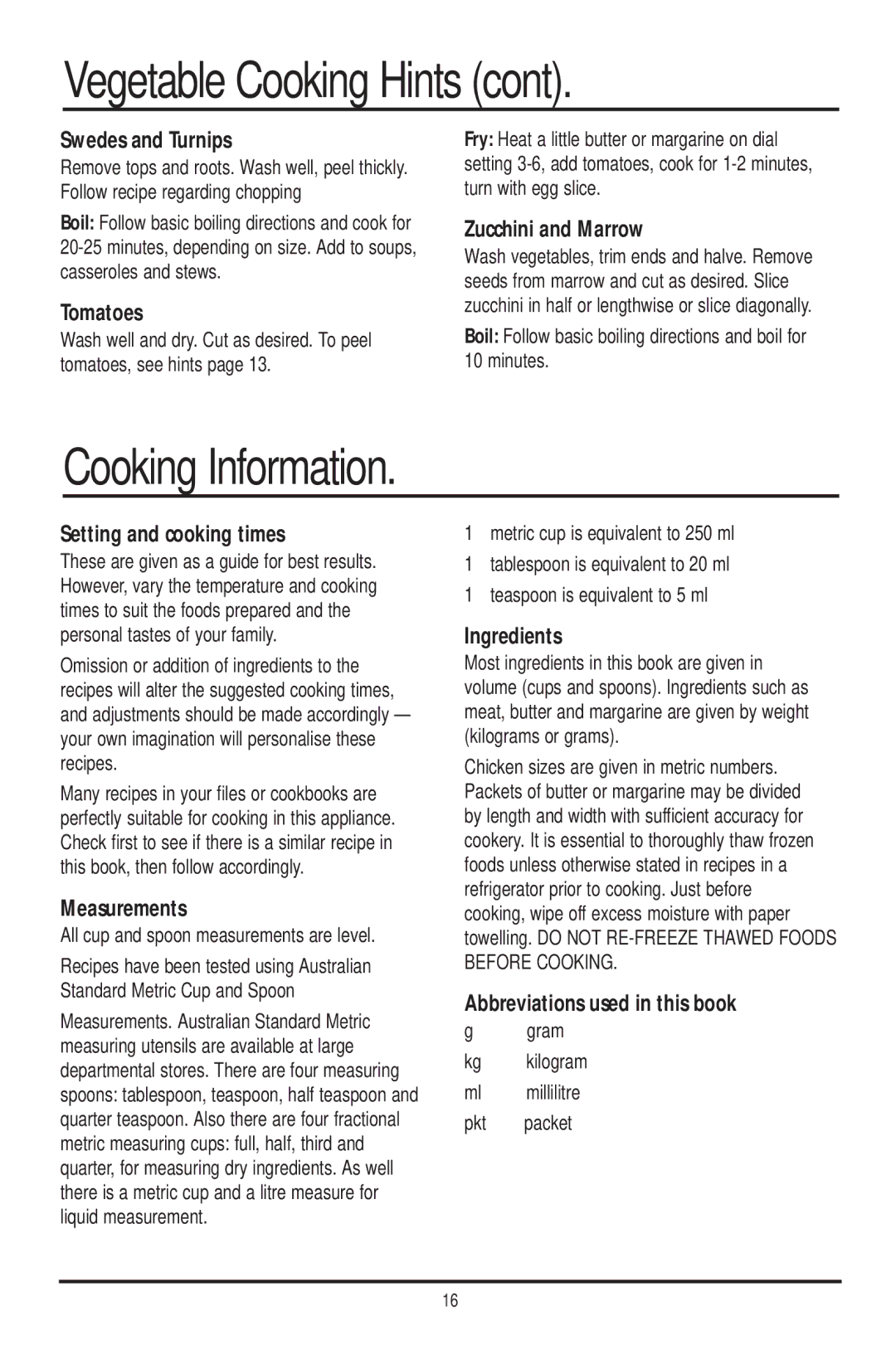 Sunbeam DF4400 manual Cooking Information 