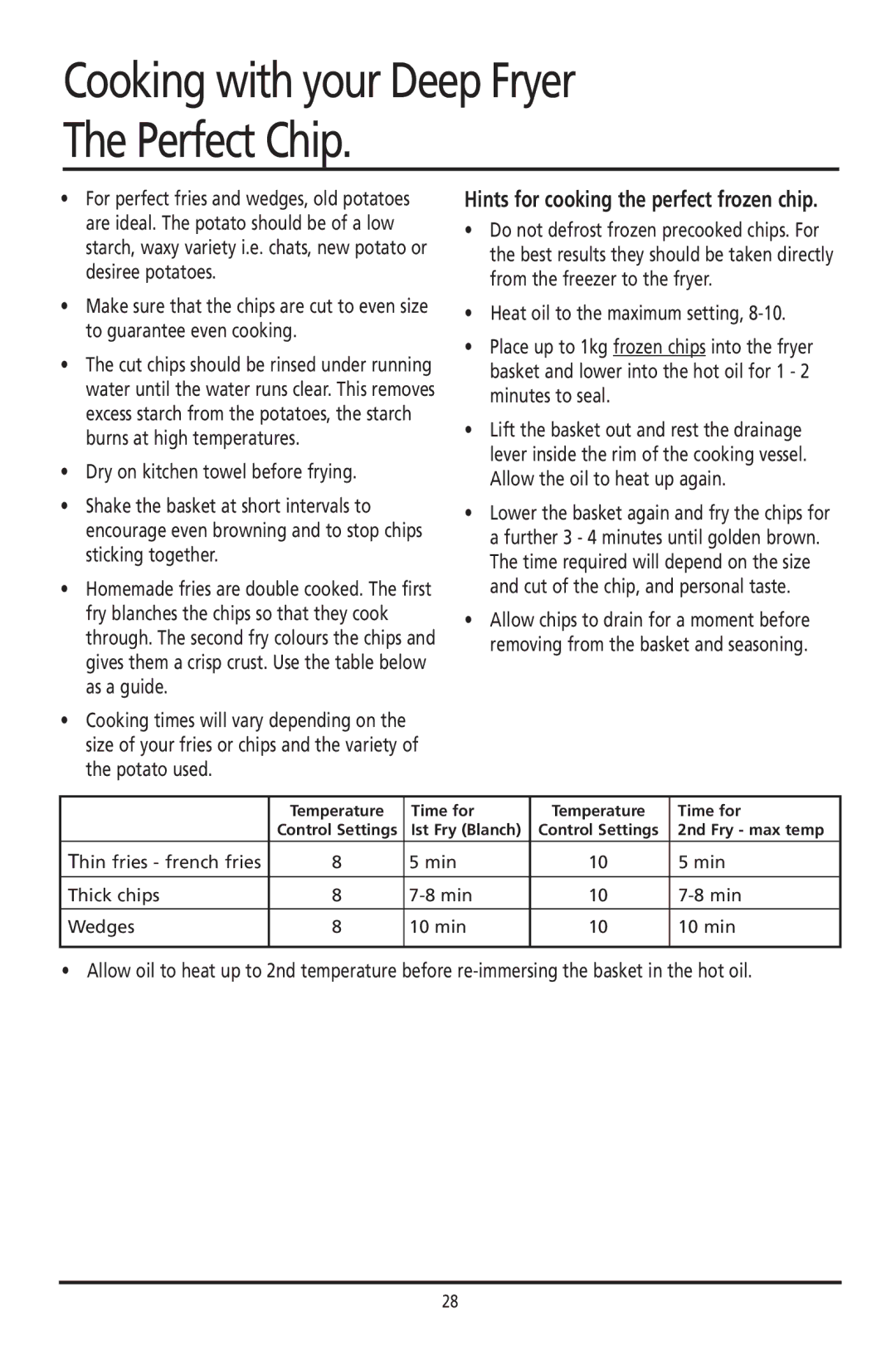 Sunbeam DF4400 manual Cooking with your Deep Fryer The Perfect Chip, Hints for cooking the perfect frozen chip 