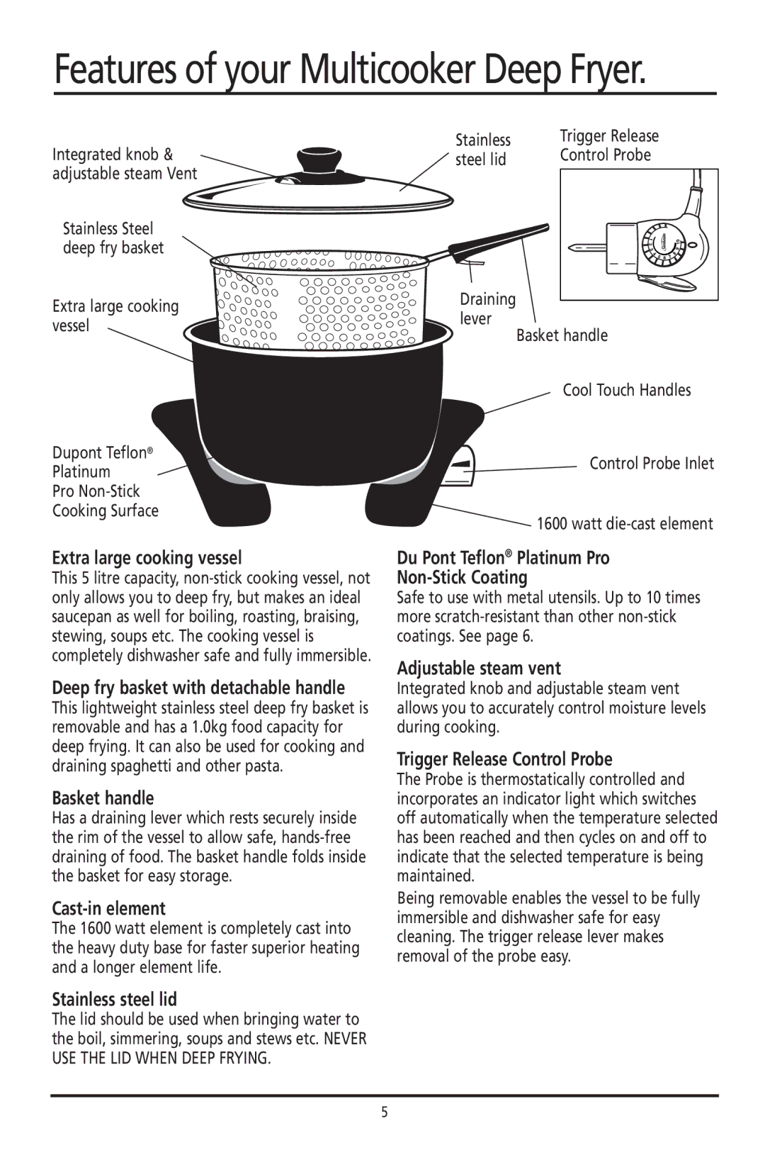 Sunbeam DF4400 Extra large cooking vessel, Basket handle, Cast-in element, Stainless steel lid, Adjustable steam vent 