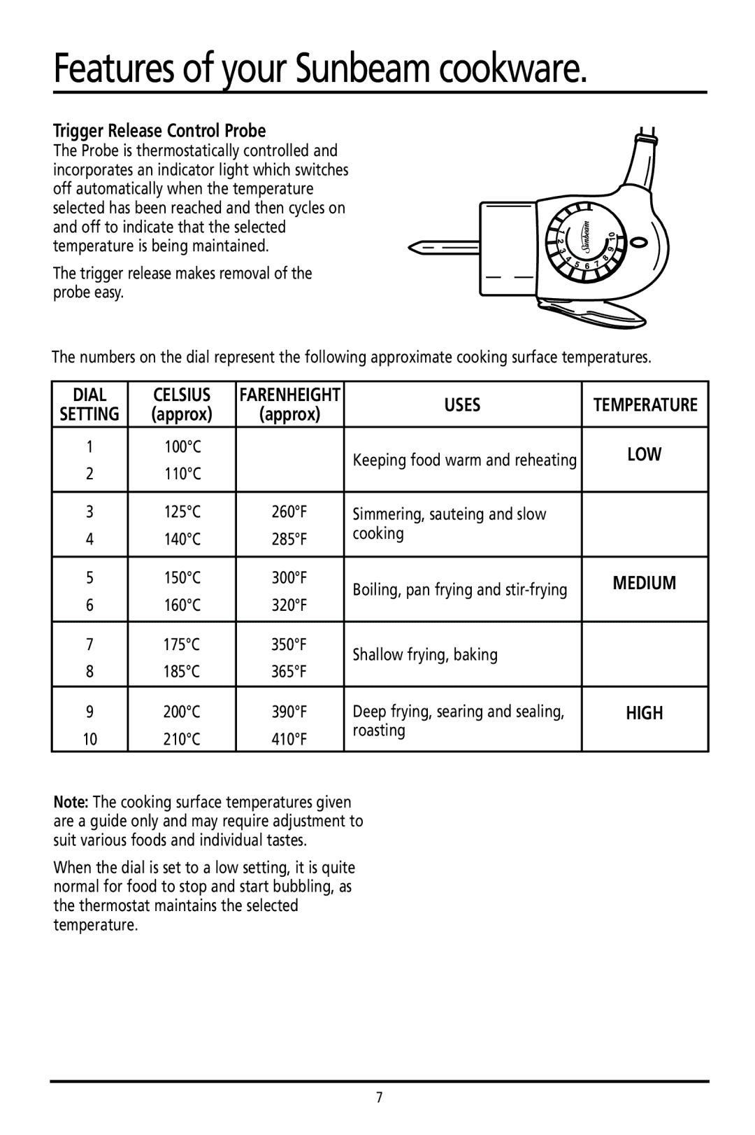 Sunbeam DF4400 manual Features of your Sunbeam cookware, Trigger release makes removal of the probe easy, Cooking 