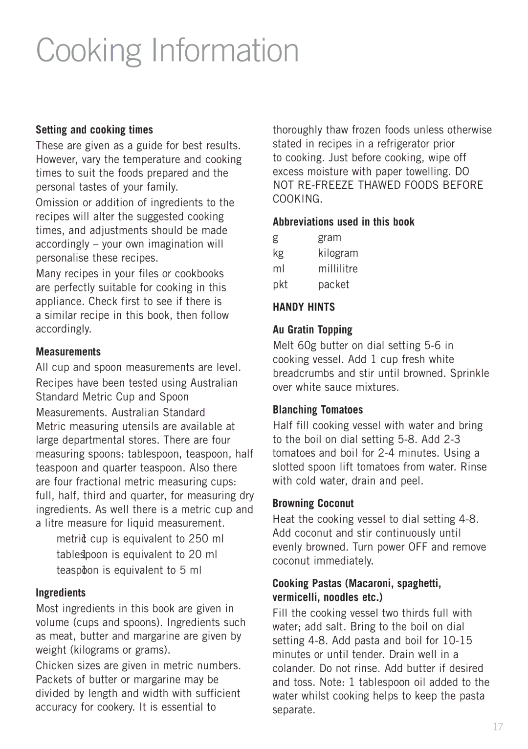 Sunbeam DF4500 manual Cooking Information 