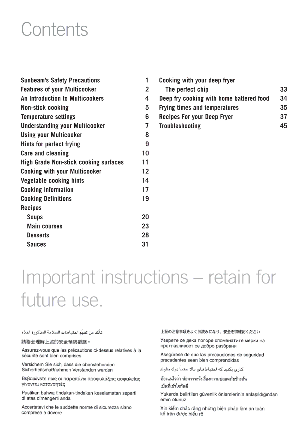 Sunbeam DF4500 manual Contents, Important instructions retain for future use 