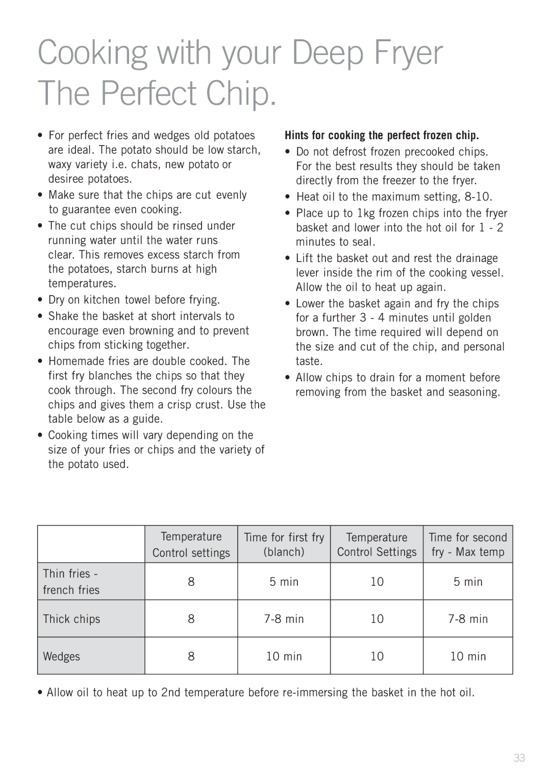 Sunbeam DF4500 manual Cooking with your Deep Fryer The Perfect Chip, Hints for cooking the perfect frozen chip 