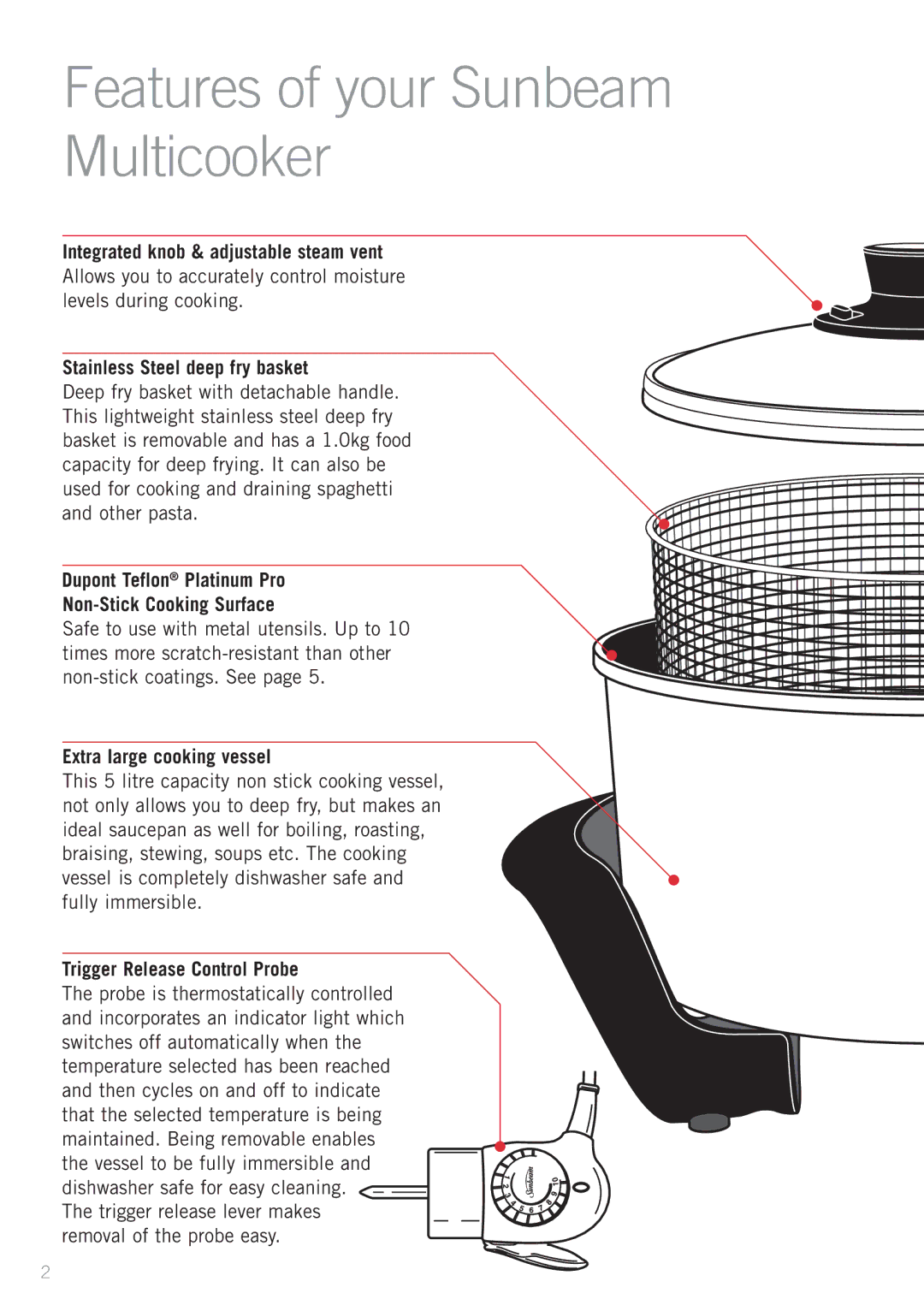 Sunbeam DF4500 manual Features of your Sunbeam Multicooker, Dupont Teflon Platinum Pro Non-Stick Cooking Surface 