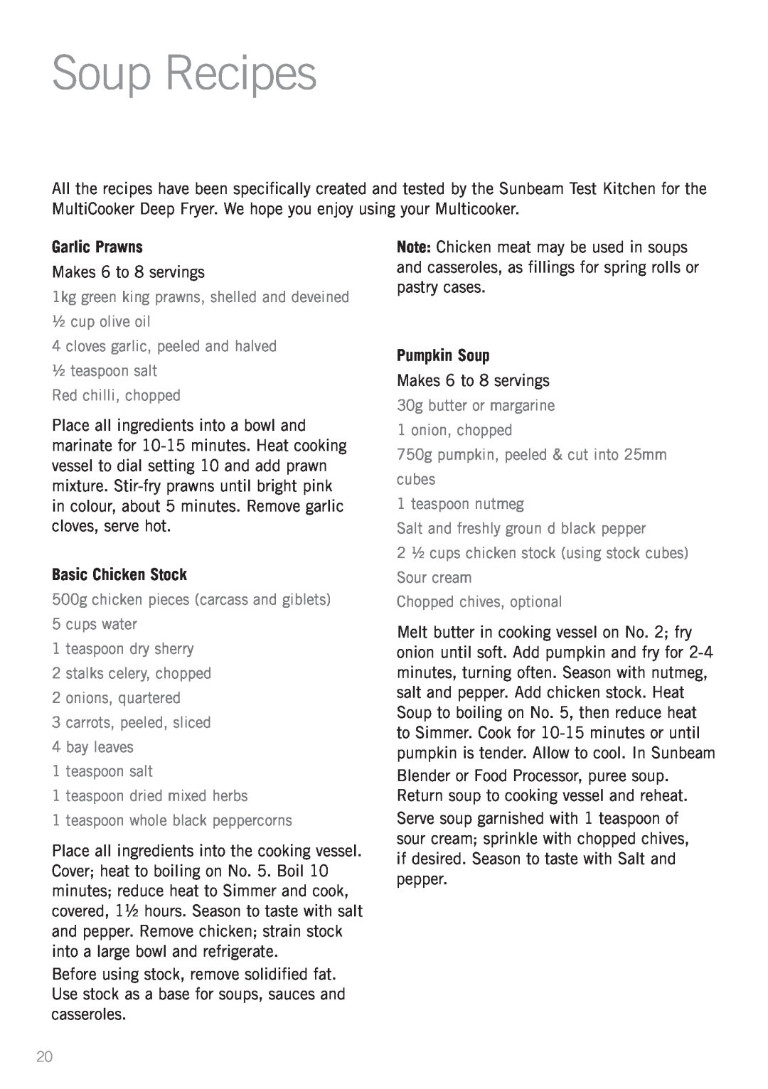 Sunbeam DF4500 manual Soup Recipes, Garlic Prawns, Basic Chicken Stock, Pumpkin Soup 