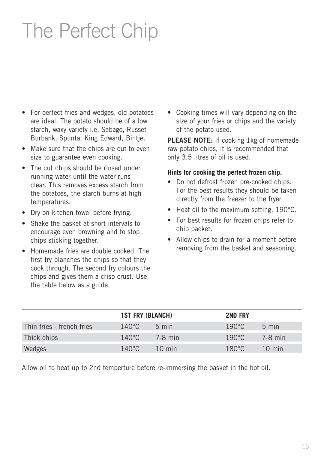 Sunbeam DF6300 manual Perfect Chip, Hints for cooking the perfect frozen chip, 1ST FRY Blanch 2ND FRY 